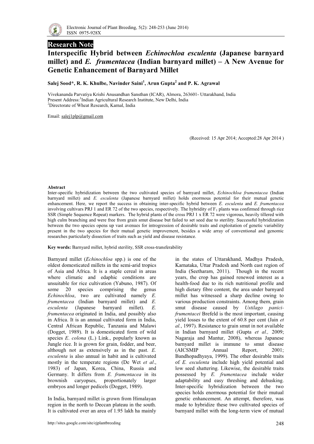 (Japanese Barnyard Millet) and E. Frumentacea (Indian Barnyard Millet) – a New Avenue for Genetic Enhancement of Barnyard Millet