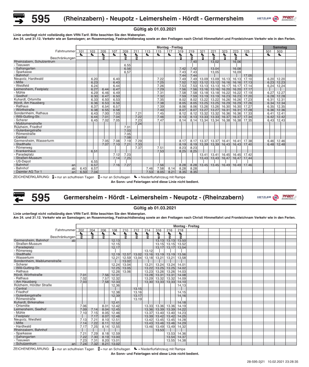 595 (Rheinzabern) - Neupotz - Leimersheim - Hördt - Germersheim Gültig Ab 01.03.2021 Linie Unterliegt Nicht Vollständig Dem VRN-Tarif
