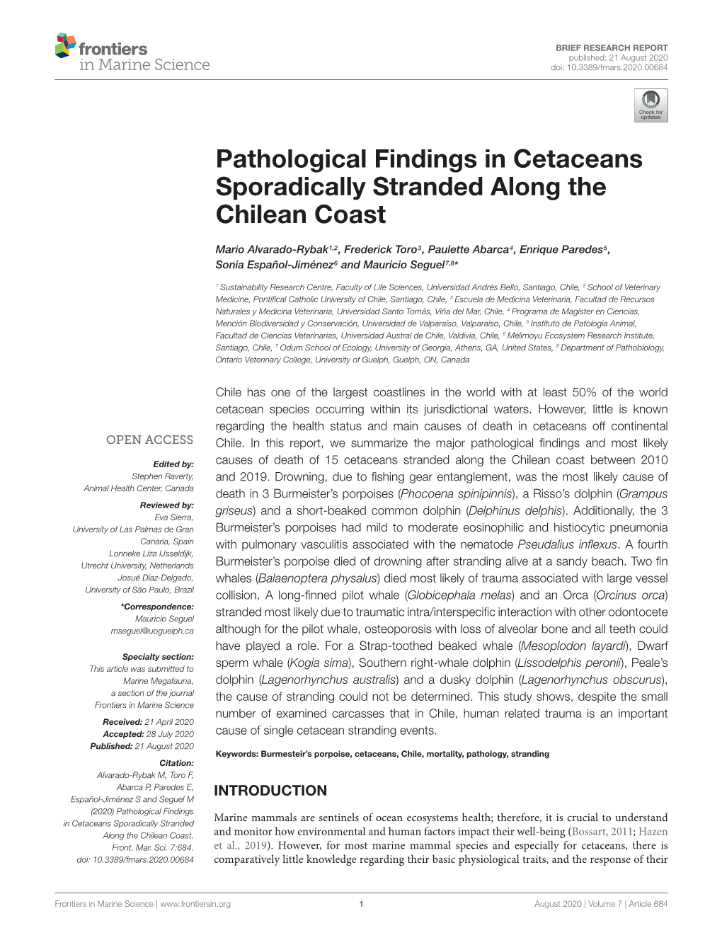 Pathological Findings in Cetaceans Sporadically Stranded Along the Chilean Coast