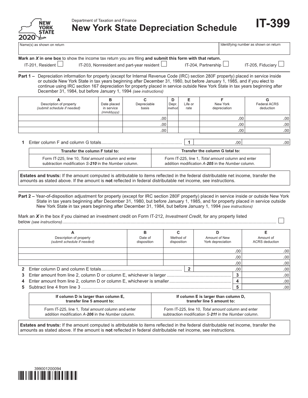 Form IT-399:2020:New York Depreciation Schedule:It399