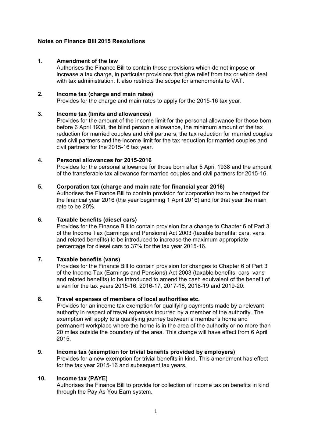 Notes on Finance Bill 2015 Resolutions