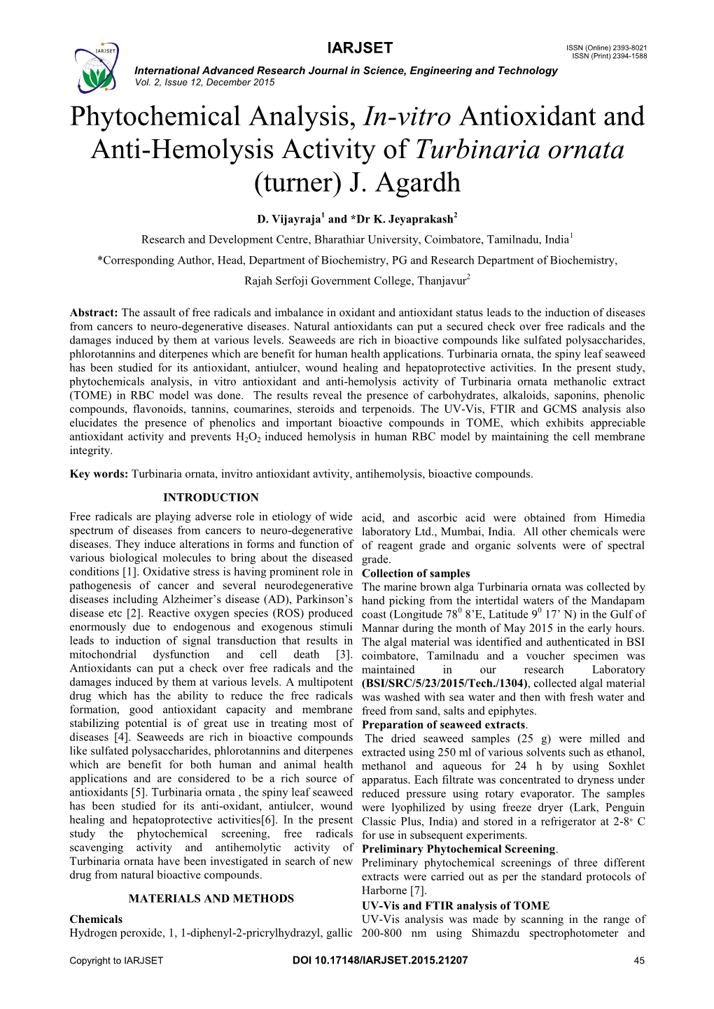 Phytochemical Analysis, In-Vitro Antioxidant and Anti-Hemolysis Activity of Turbinaria Ornata (Turner) J. Agardh