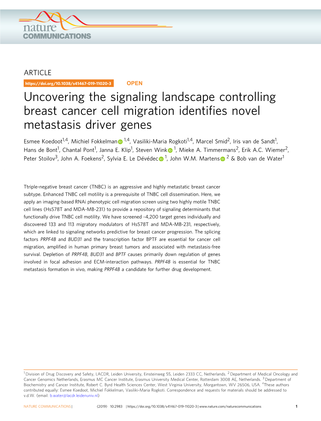Uncovering the Signaling Landscape Controlling Breast Cancer Cell Migration Identiﬁes Novel Metastasis Driver Genes