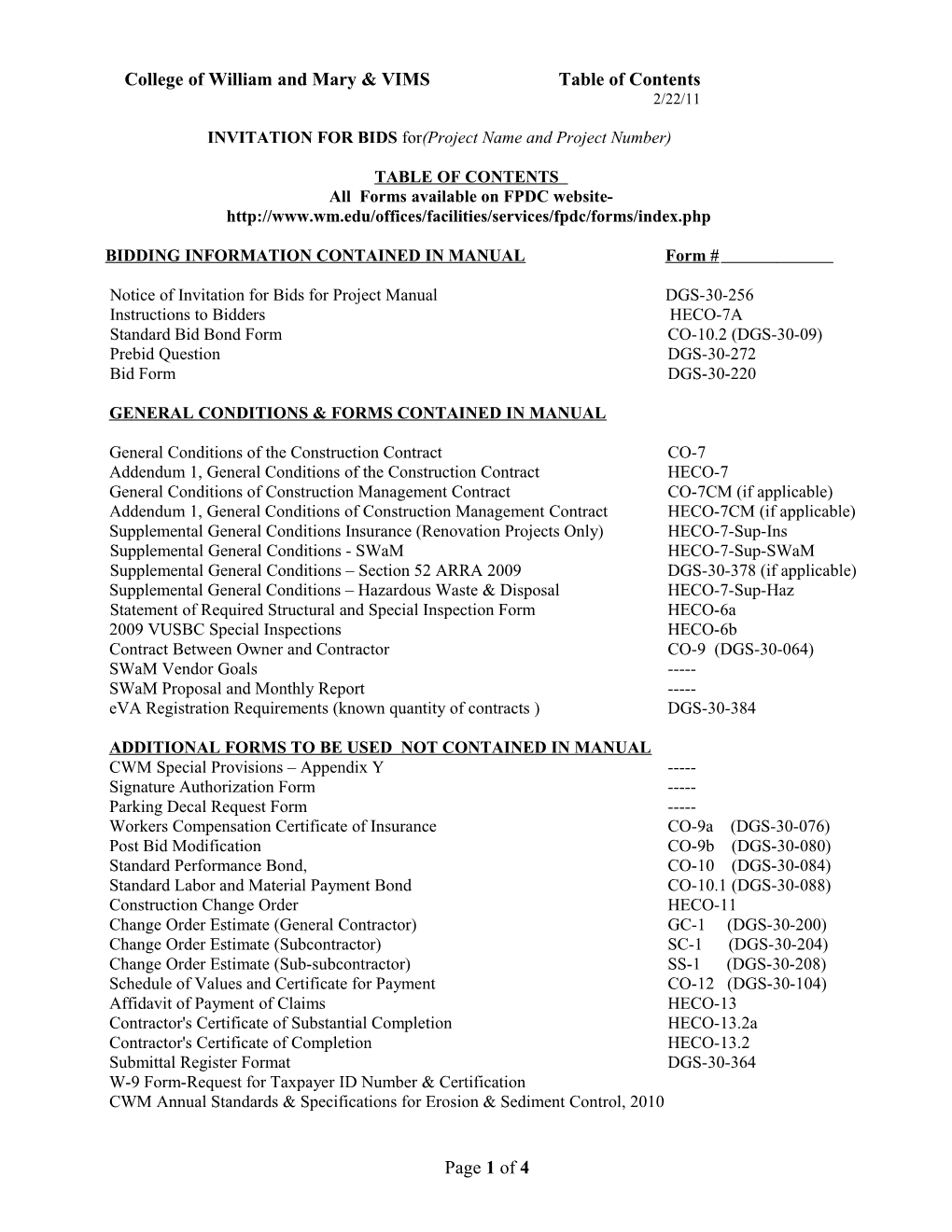 College of William and Mary & VIMS Table of Contents