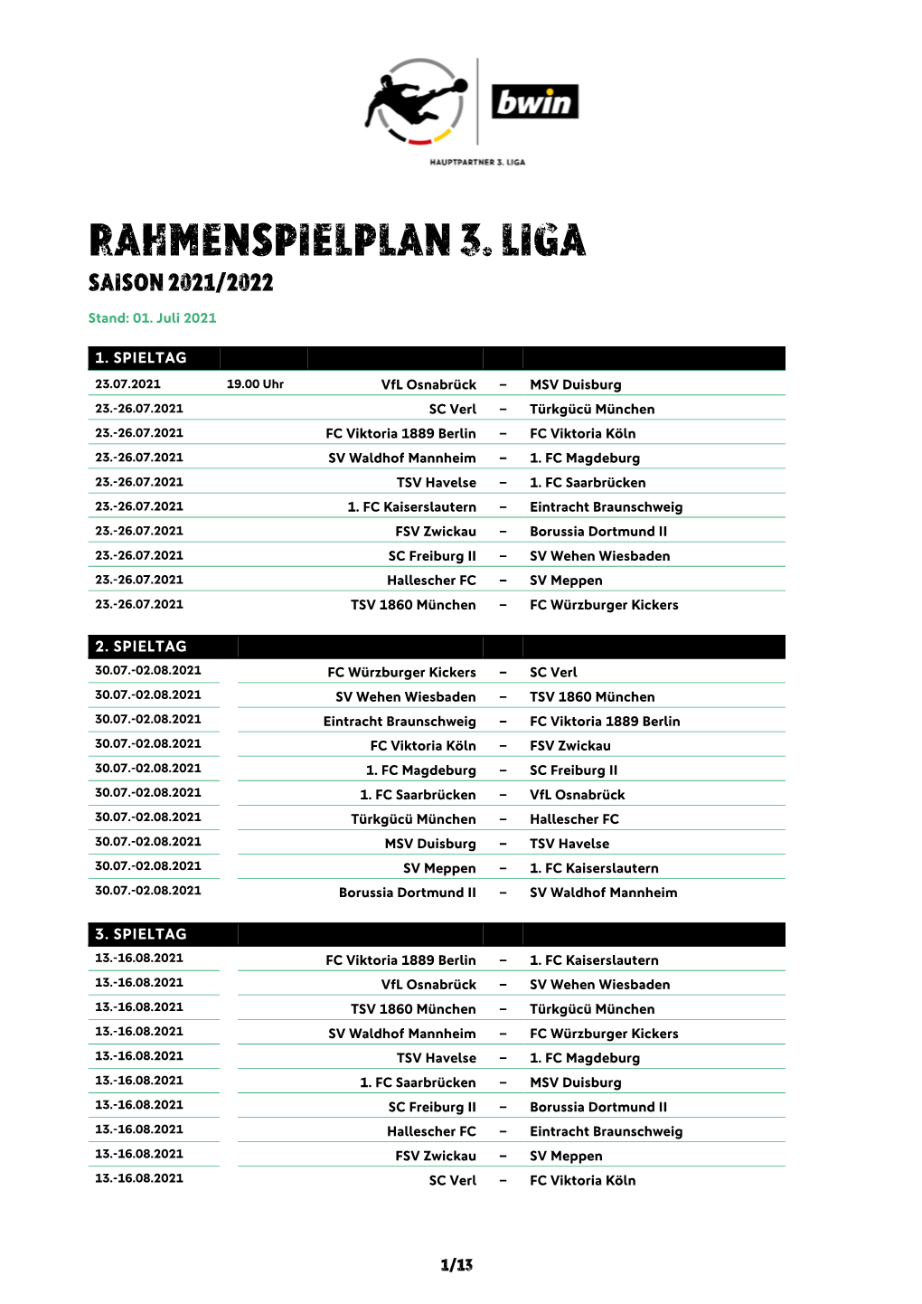 Rahmenspielplan 3. Liga Saison 2021/2022