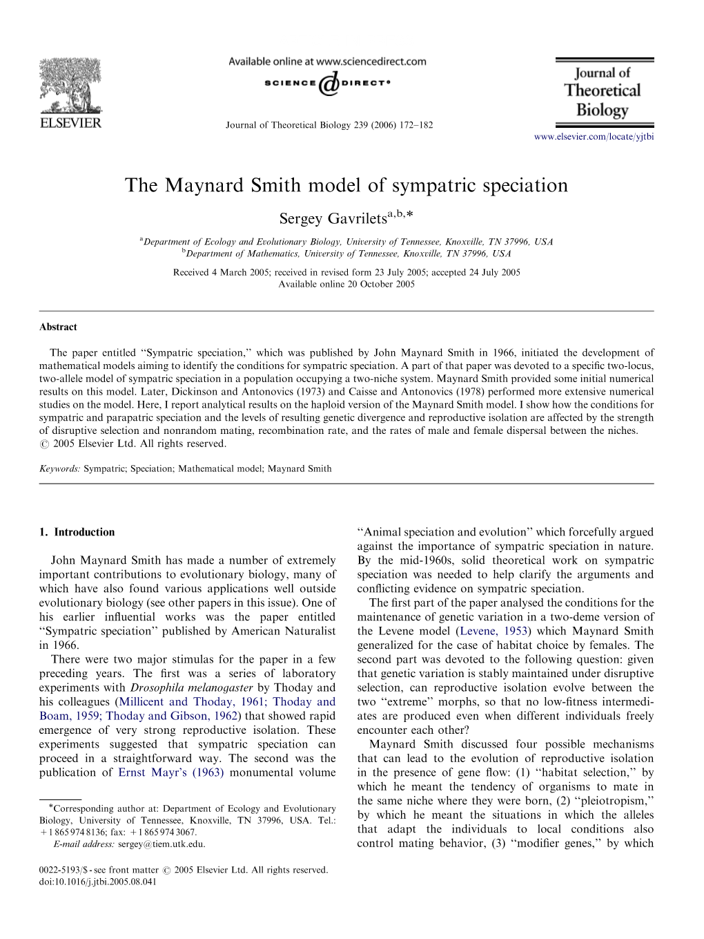 The Maynard Smith Model of Sympatric Speciation