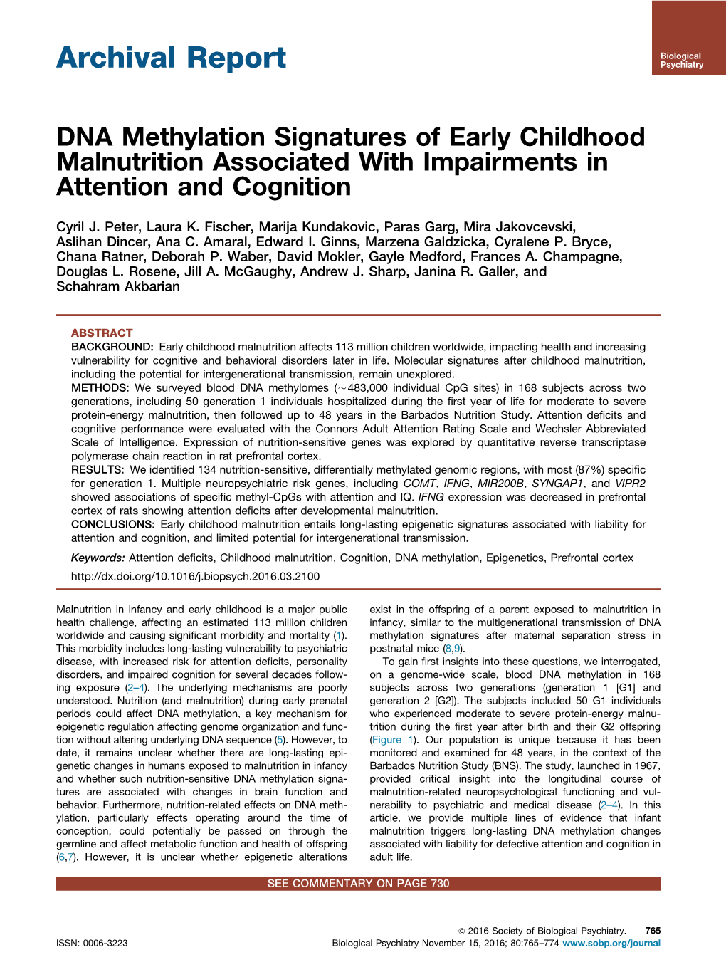 DNA Methylation Signatures of Early Childhood Malnutrition Associated with Impairments in Attention and Cognition