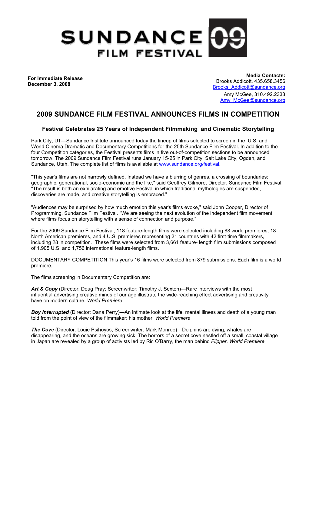 2009 Sundance Film Festival Announces Films in Competition