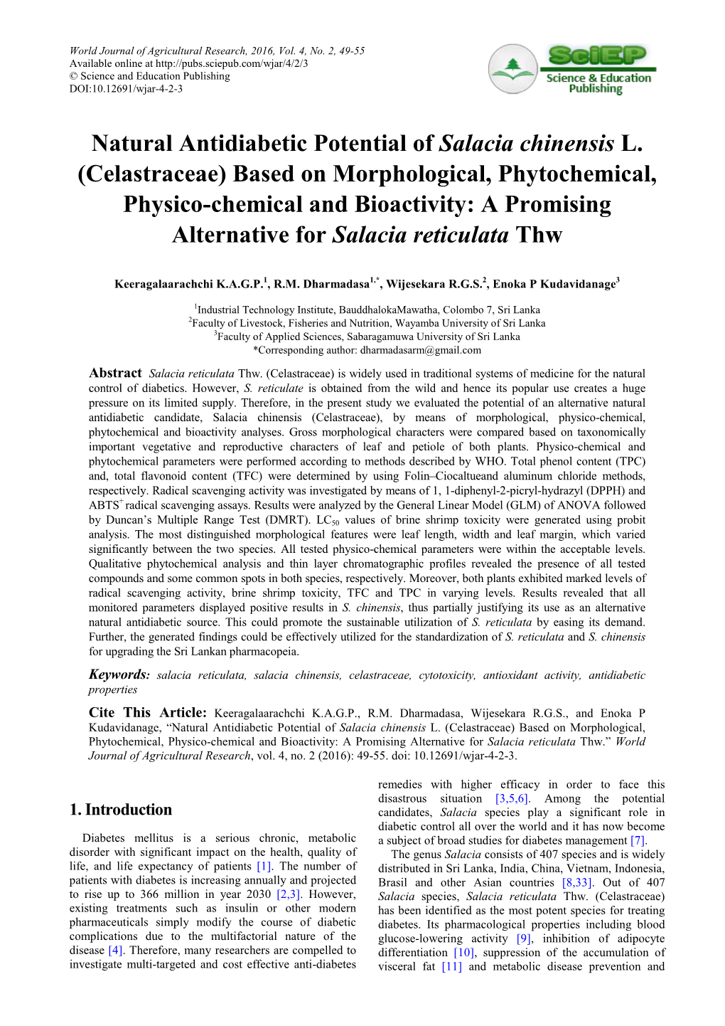 Natural Antidiabetic Potential of Salacia Chinensis L. (Celastraceae) Based on Morphological, Phytochemical, Physico-Chemical An