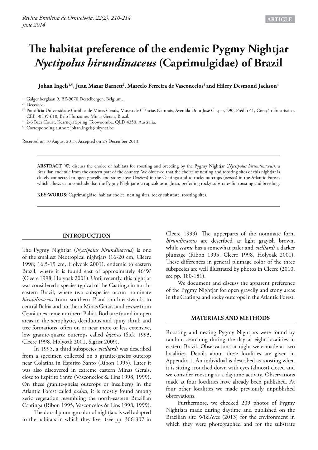 The Habitat Preference of the Endemic Pygmy Nightjar Nyctipolus Hirundinaceus (Caprimulgidae) of Brazil