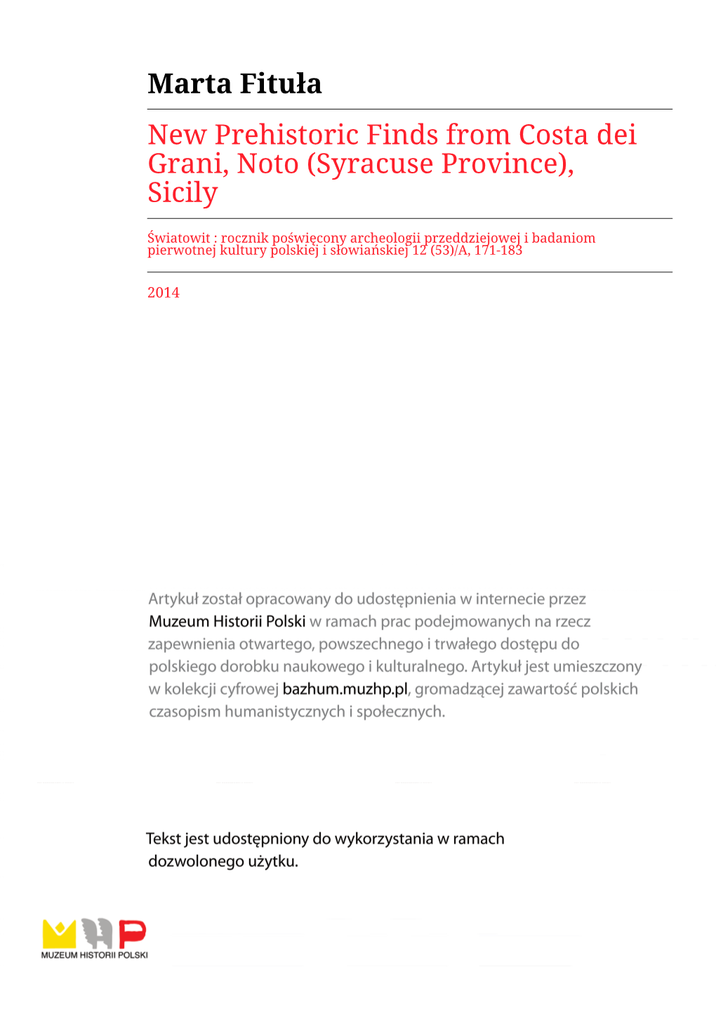 Marta Fituła New Prehistoric Finds from Costa Dei Grani, Noto (Syracuse Province), Sicily