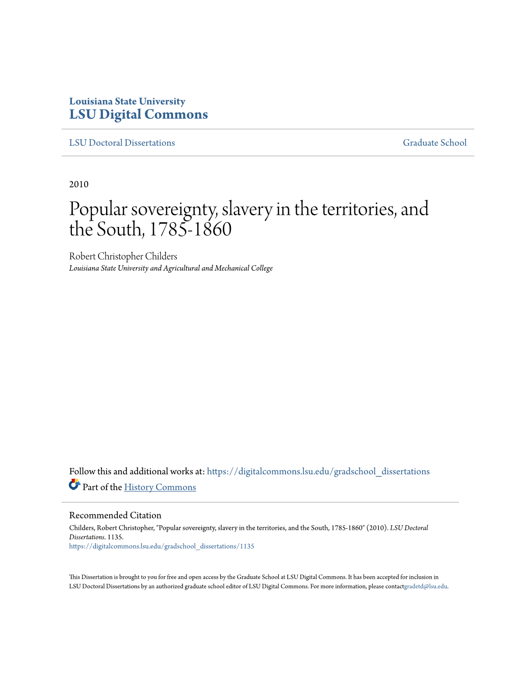 Popular Sovereignty, Slavery in the Territories, and the South, 1785-1860