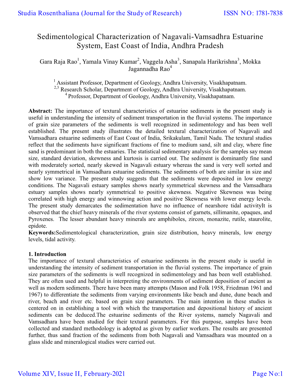 Sedimentological Characterization of Nagavali-Vamsadhra Estuarine System, East Coast of India, Andhra Pradesh