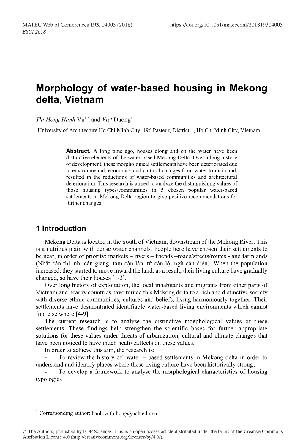 Morphology of Water-Based Housing in Mekong Delta, Vietnam