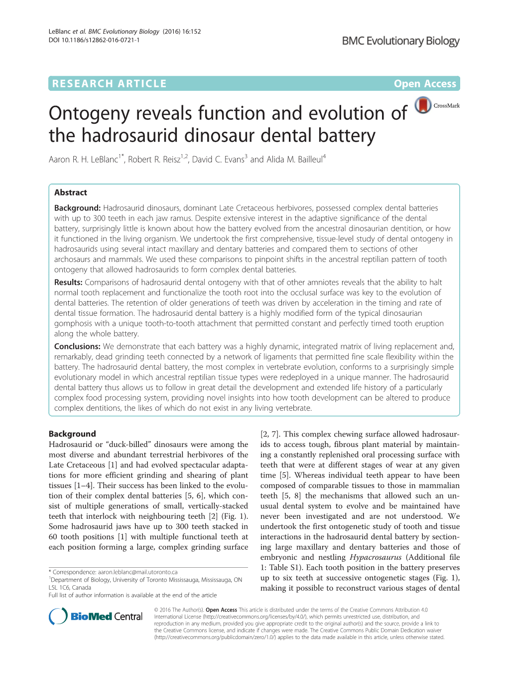 Ontogeny Reveals Function and Evolution of the Hadrosaurid Dinosaur Dental Battery Aaron R