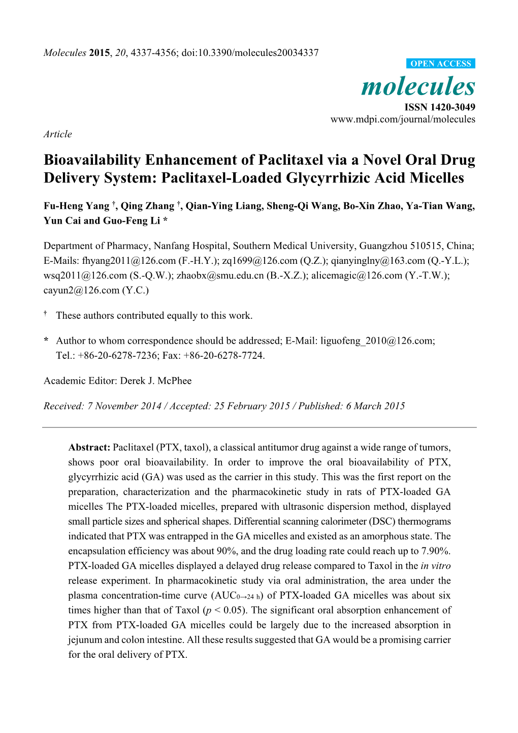 Paclitaxel-Loaded Glycyrrhizic Acid Micelles