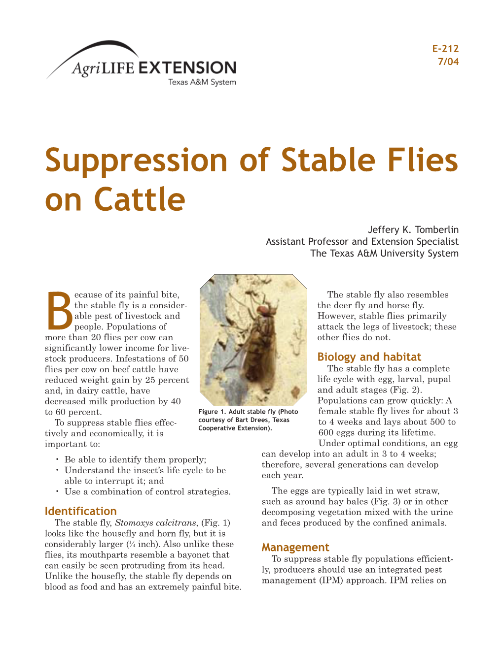 Suppression of Stable Flies on Cattle Jeffery K