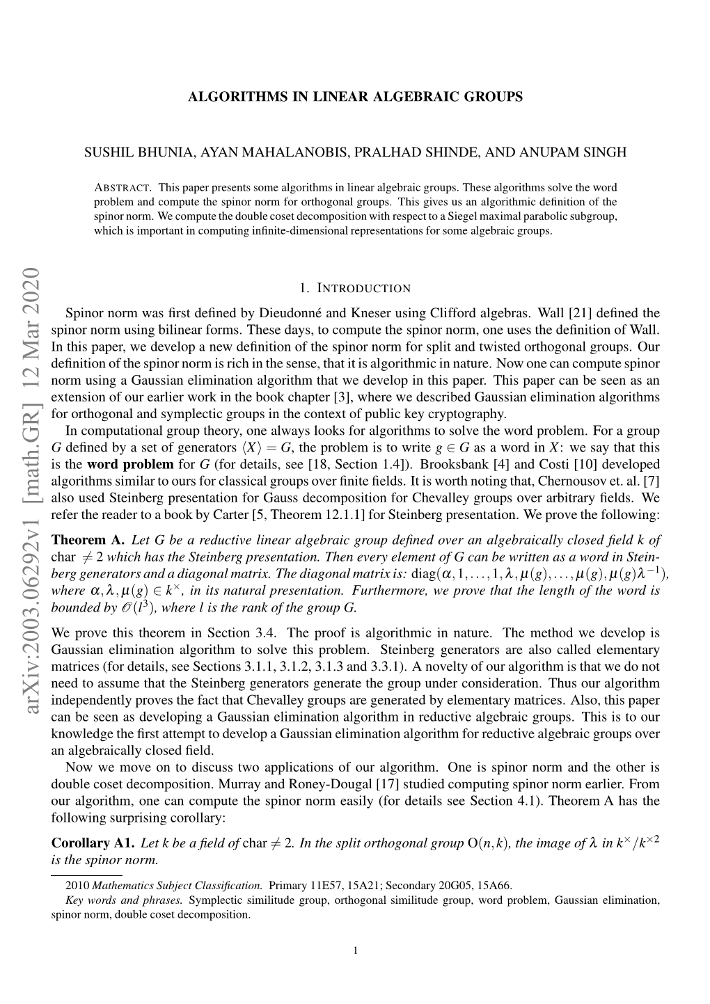 Arxiv:2003.06292V1 [Math.GR] 12 Mar 2020 Eggnrtr N Ignlmti.Tedaoa Arxi Matrix Diagonal the Matrix