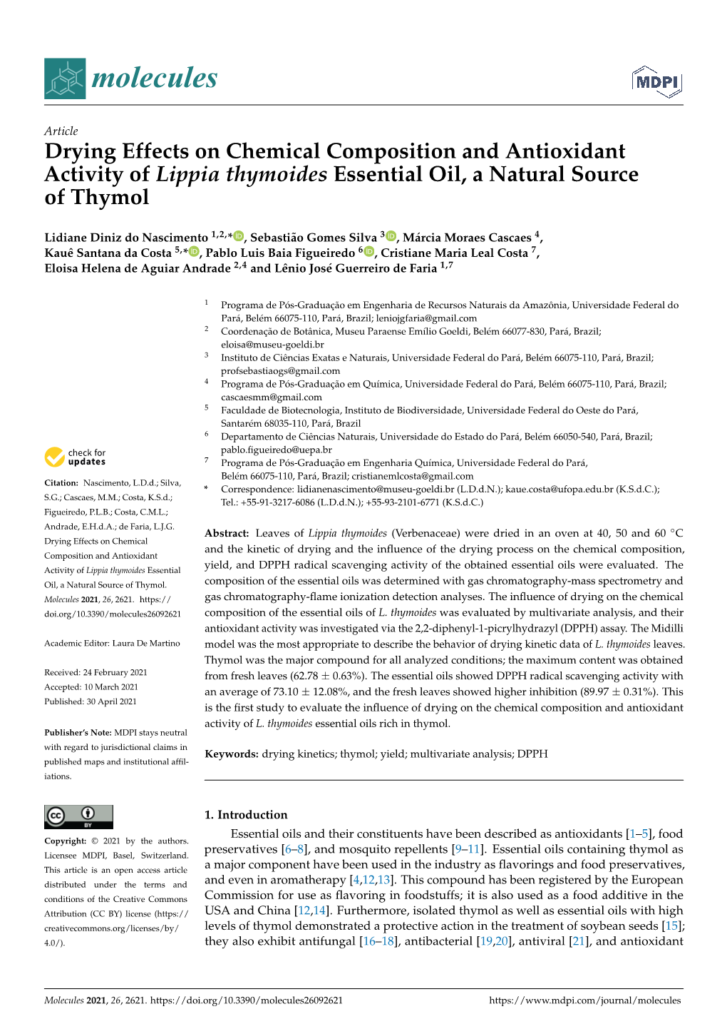 Drying Effects on Chemical Composition and Antioxidant Activity of Lippia Thymoides Essential Oil, a Natural Source of Thymol