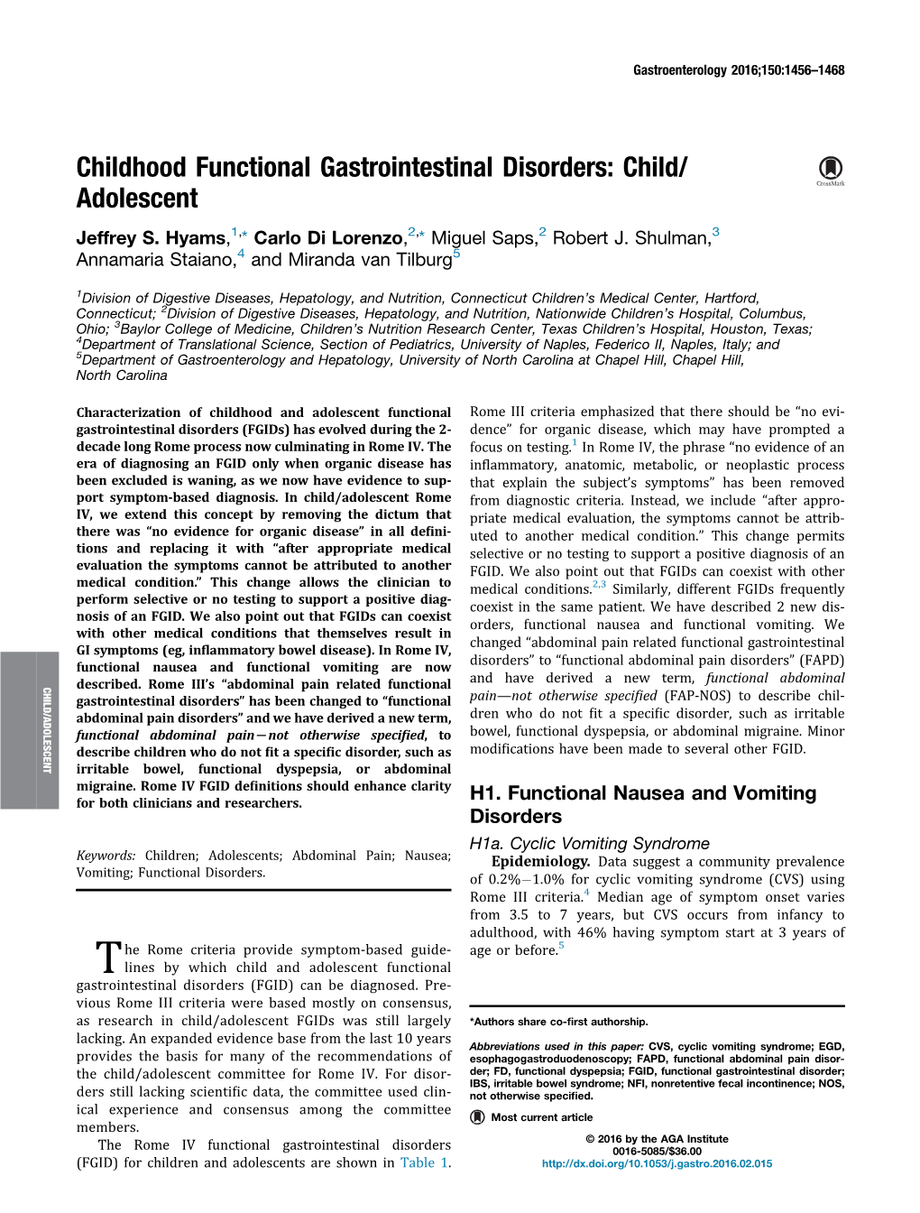 Childhood Functional Gastrointestinal Disorders: Child/Adolescent