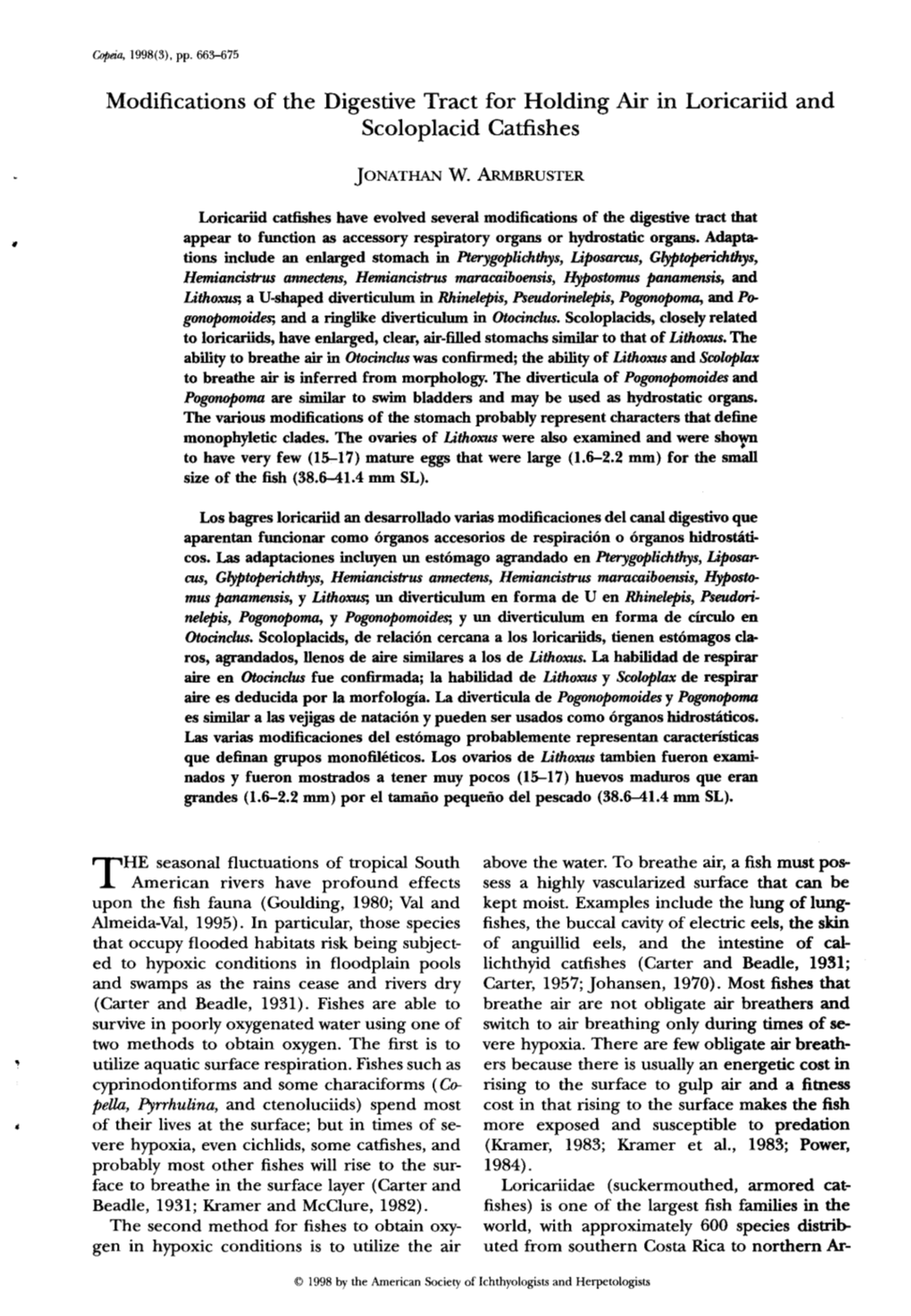 Modifications of the Digestive Tract for Holding Air in Loricariid and Scoloplacid Catfishes