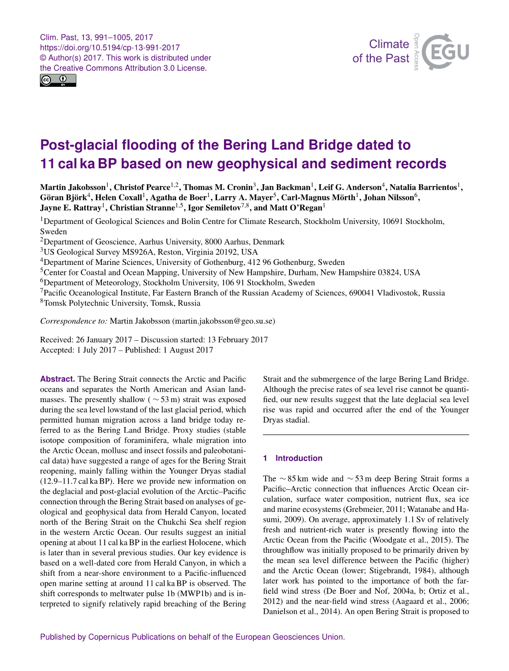 Post-Glacial Flooding of the Bering Land Bridge Dated to 11 Cal Ka BP Based on New Geophysical and Sediment Records