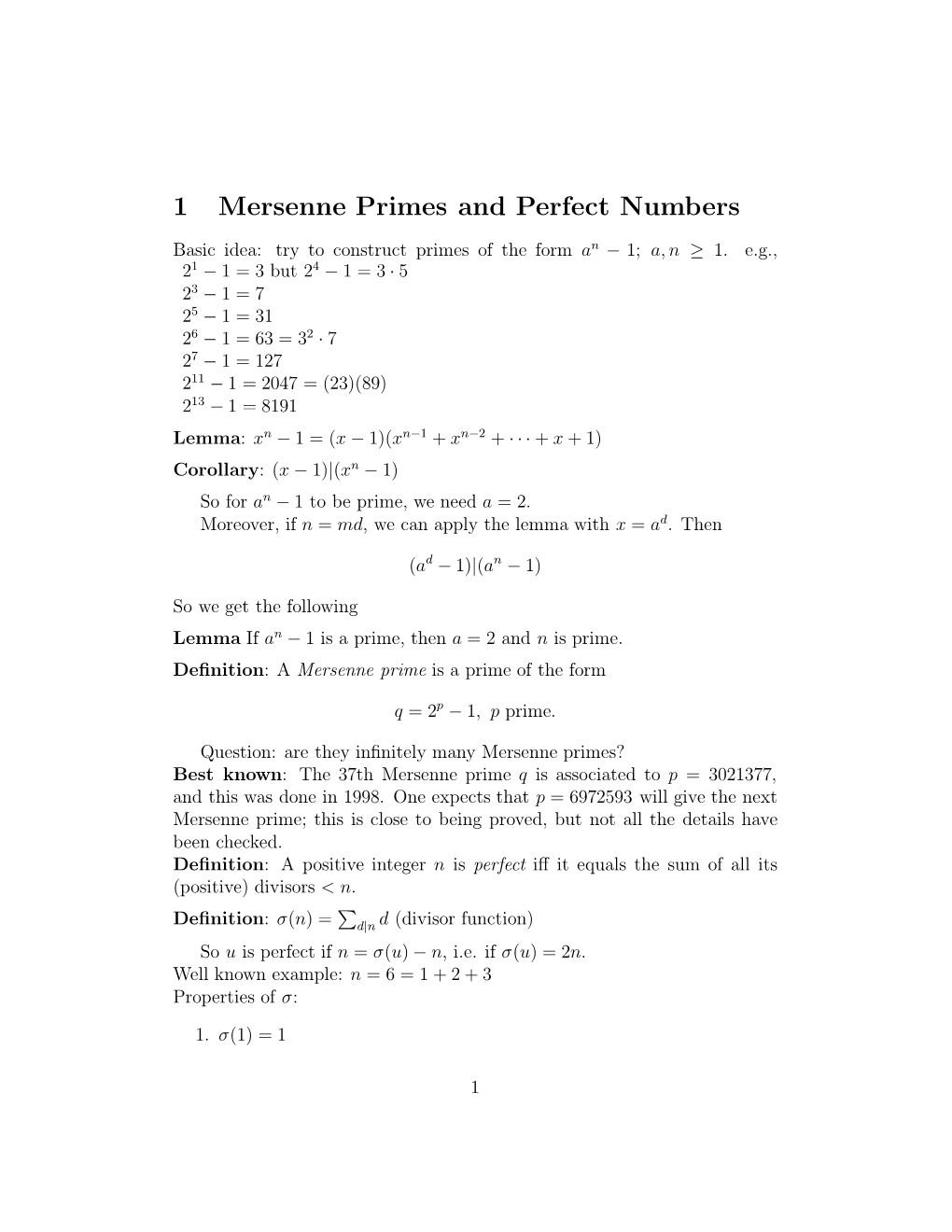 1 Mersenne Primes and Perfect Numbers