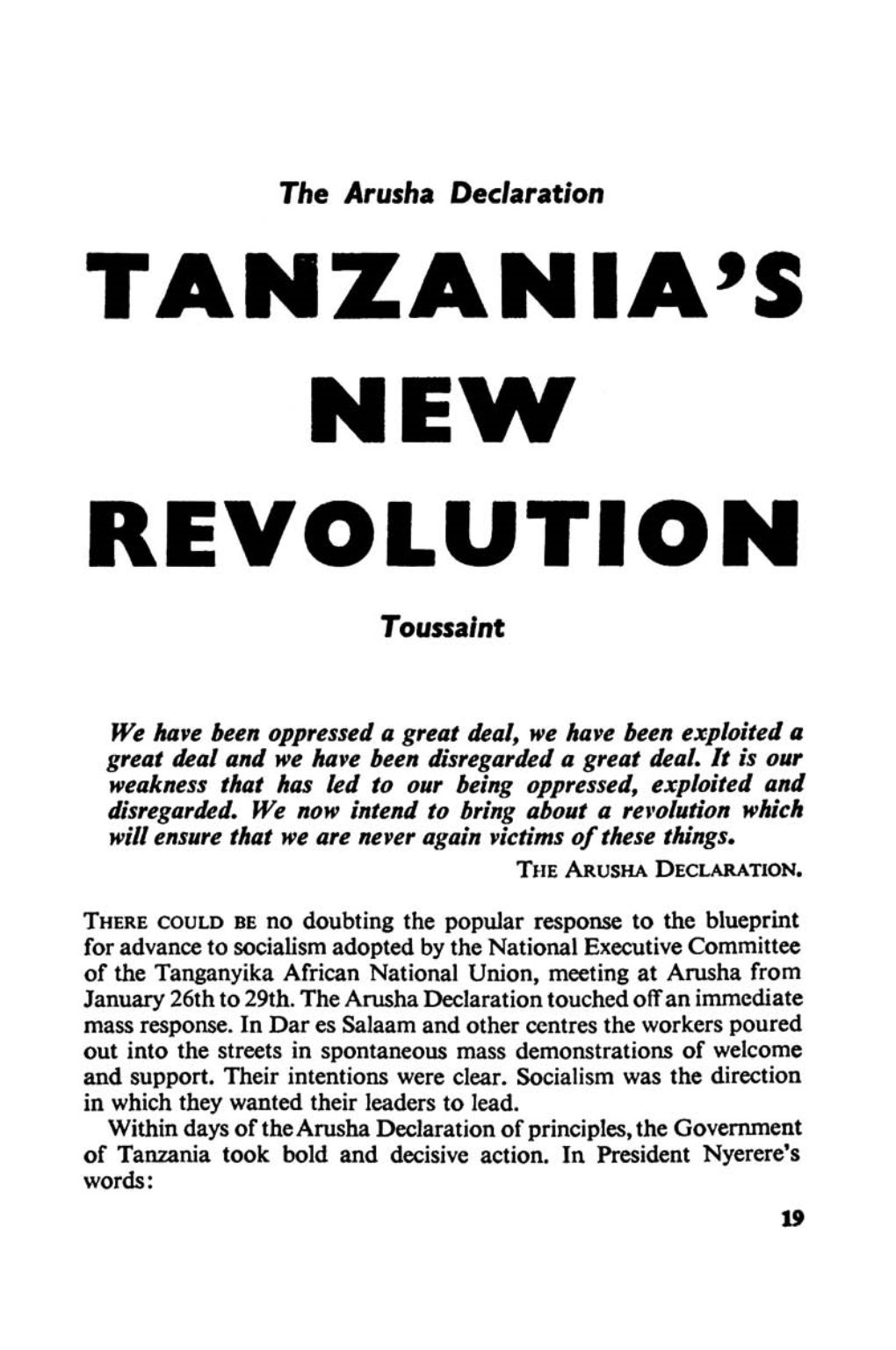 The Arusha Declaration TANZANIA's NE"" REVOLUTION Toussaint