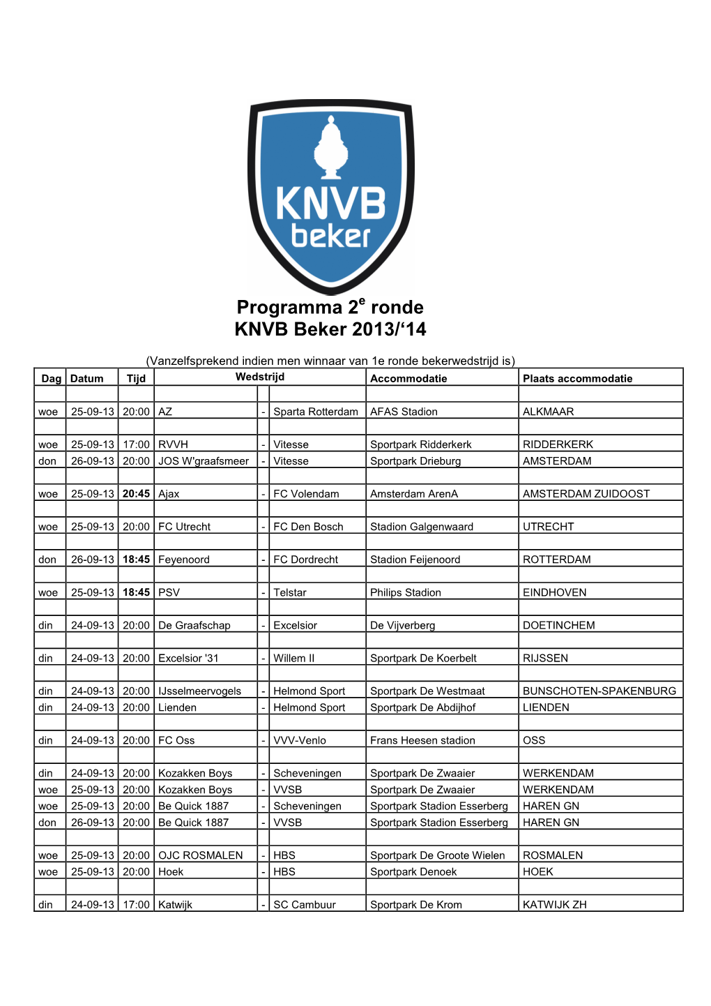 Programma 2 Ronde KNVB Beker 2013/'14