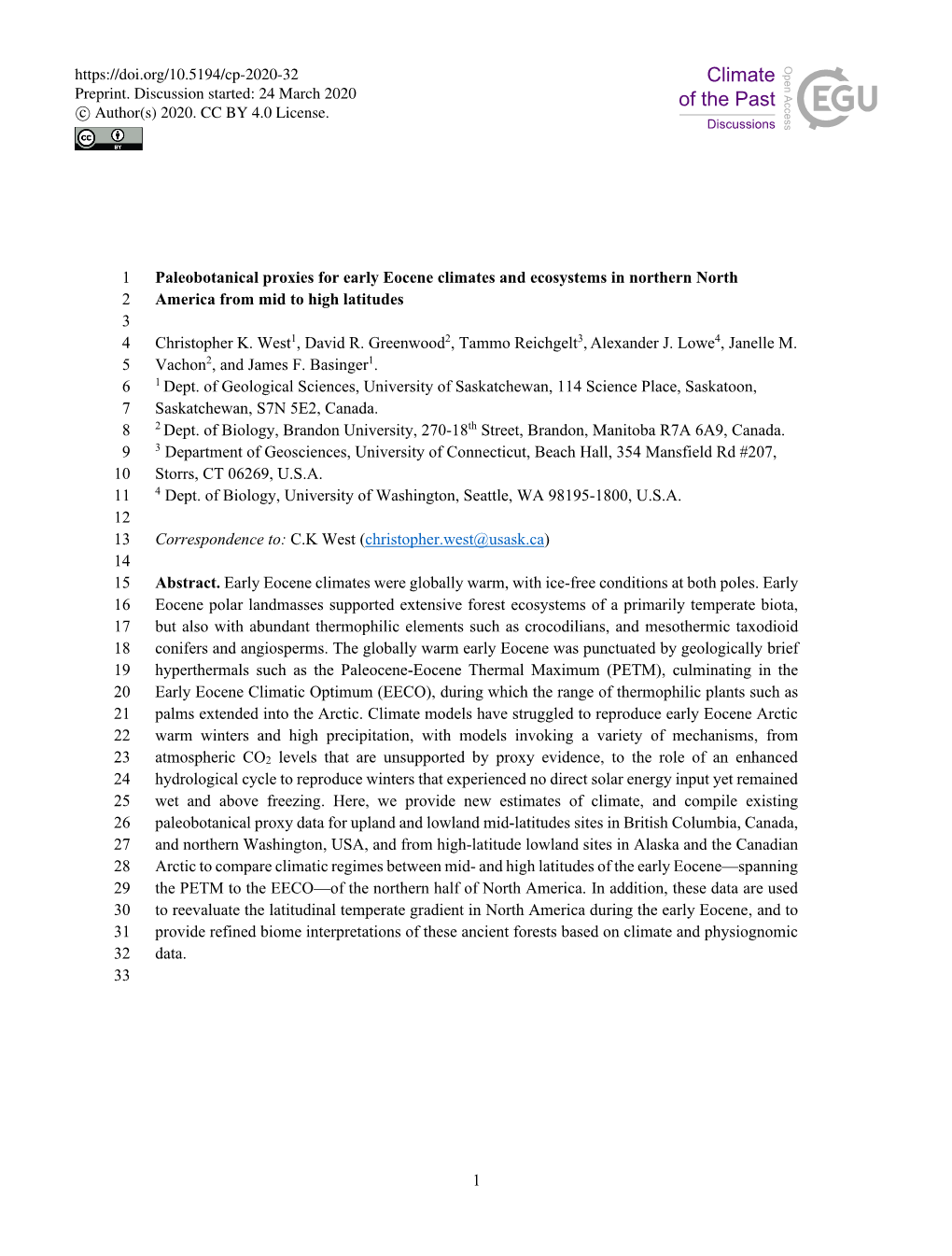 1 Paleobotanical Proxies for Early Eocene Climates and Ecosystems in Northern North 2 America from Mid to High Latitudes 3 4 Christopher K