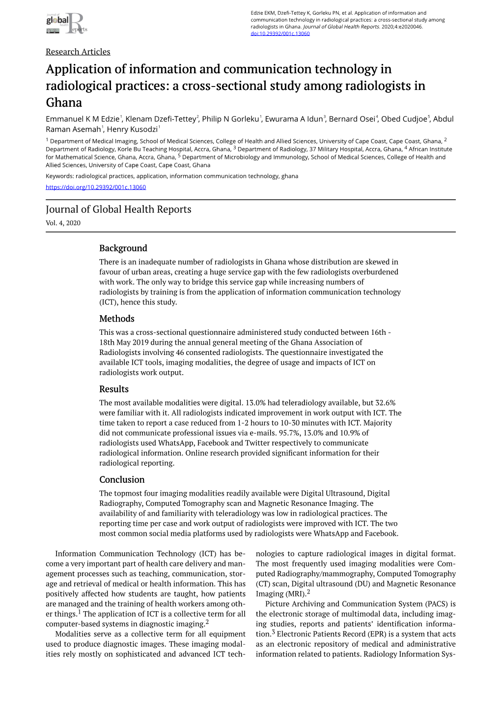 Application of Information and Communication Technology in Radiological Practices: a Cross-Sectional Study Among Radiologists in Ghana