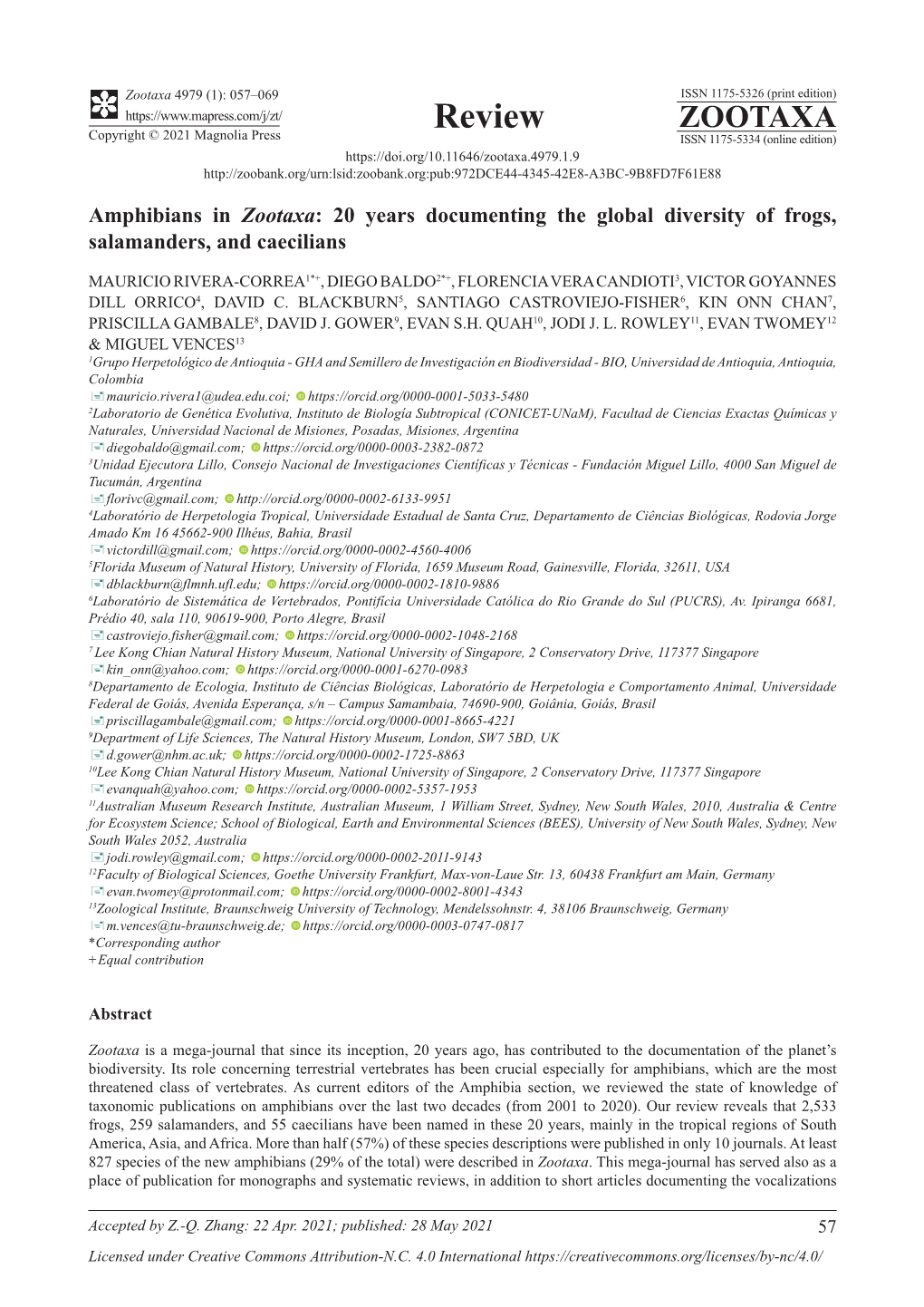 Amphibians in Zootaxa: 20 Years Documenting the Global Diversity of Frogs, Salamanders, and Caecilians