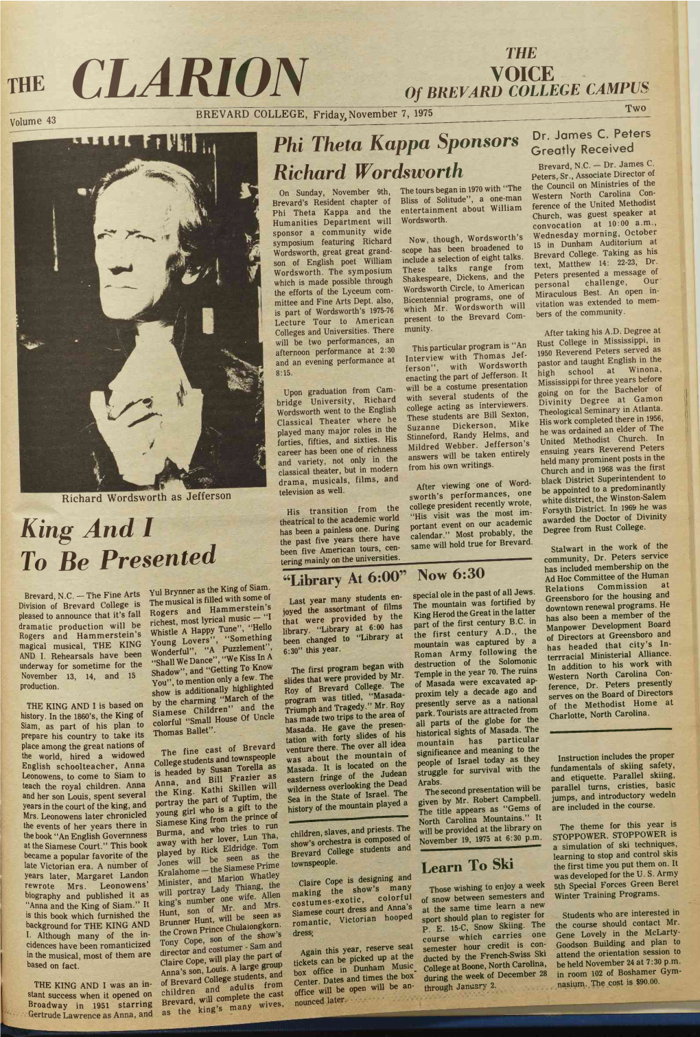 CLARION of BREVARD COLLEGE CAMPUS Tw O BREVARD COLLEGE, F Rid Ay,November 7, 1975 Volume 43 Phi Them Kappa Sponsors Brevard, N.C