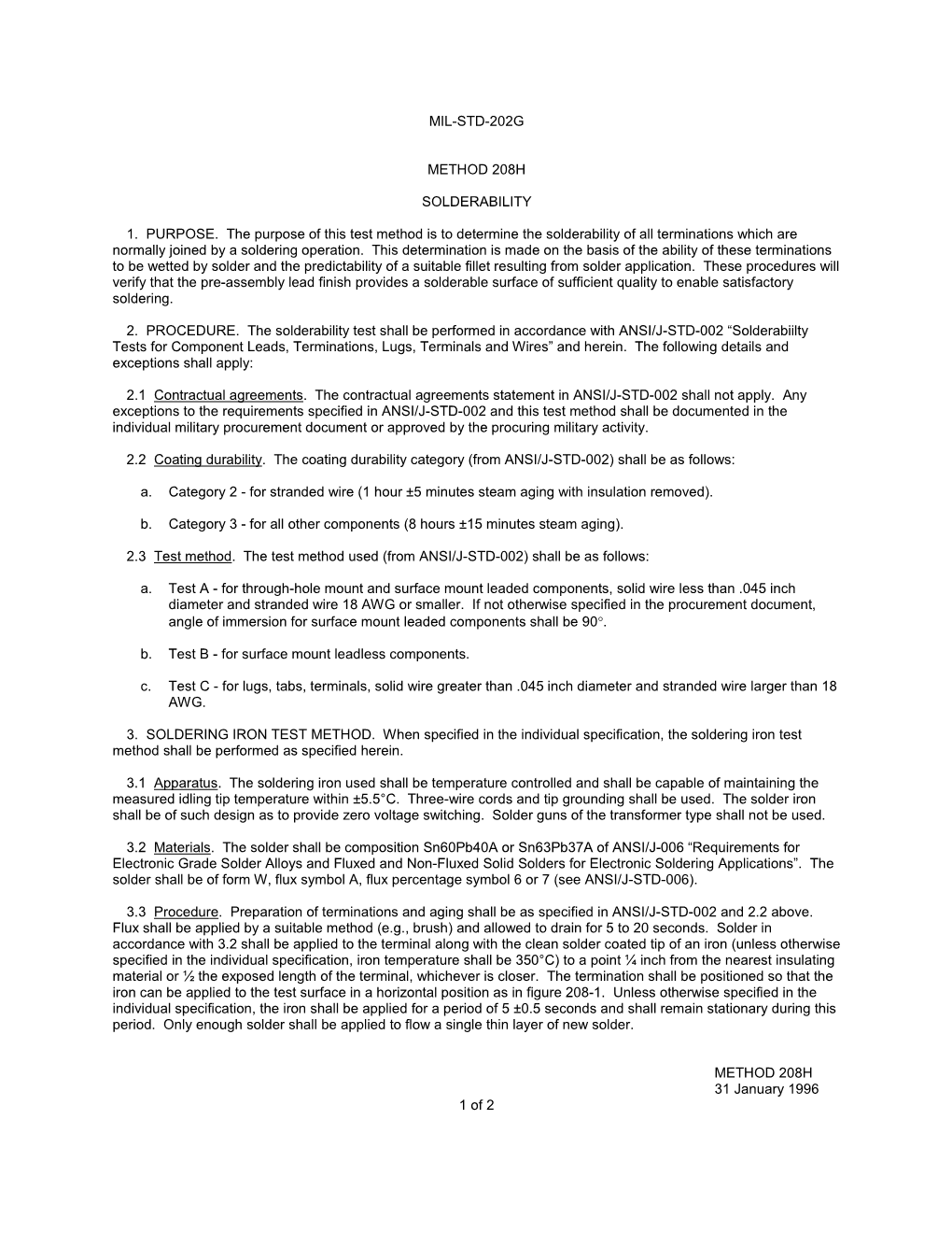 MIL-STD-202G METHOD 208H SOLDERABILITY 1. PURPOSE. the Purpose of This Test Method Is to Determine the Solderability of All