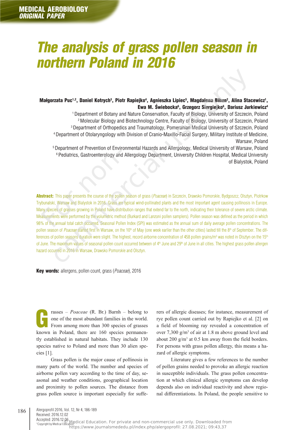 The Analysis of Grass Pollen Season in Northern Poland in 2016