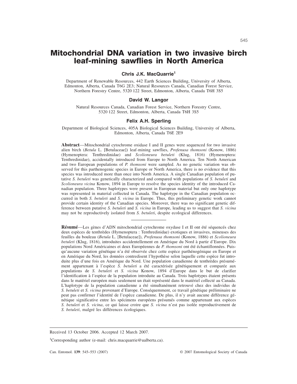 Mitochondrial DNA Variation in Two Invasive Birch Leaf-Mining Sawflies in North America