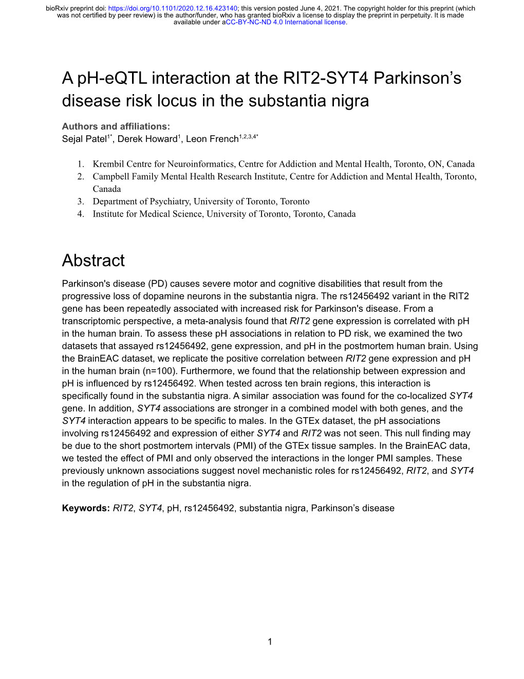 A Ph-Eqtl Interaction at the RIT2-SYT4 Parkinson's Disease Risk