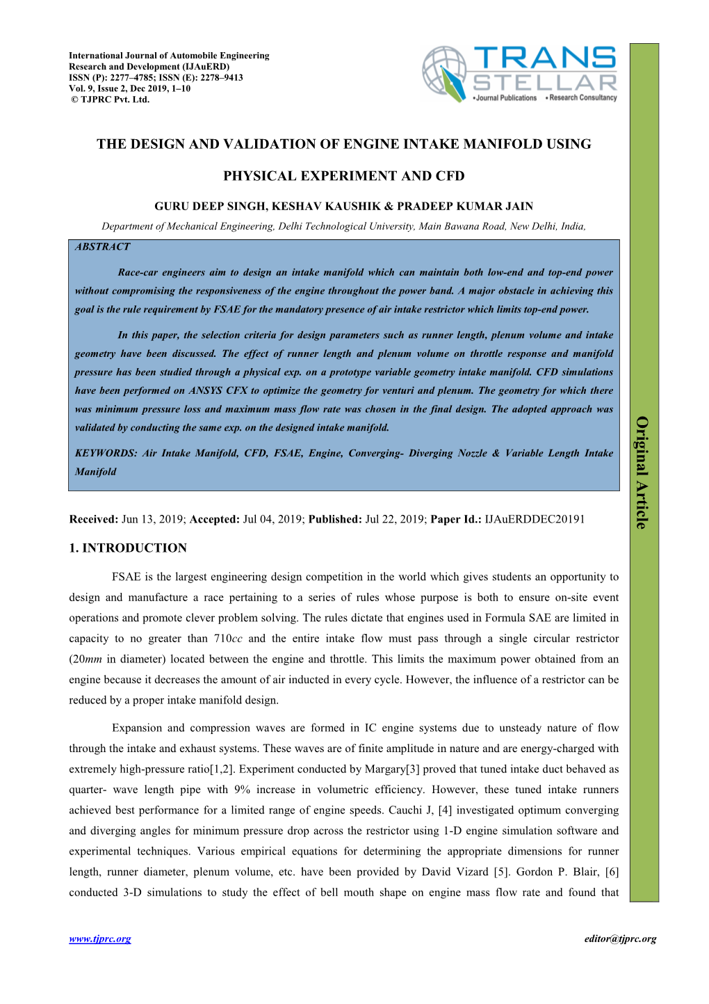 The Design and Validation of Engine Intake Manifold Using Physical