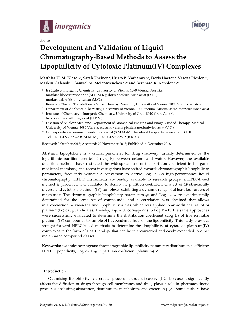 Development and Validation of Liquid Chromatography-Based Methods to Assess the Lipophilicity of Cytotoxic Platinum(IV) Complexes