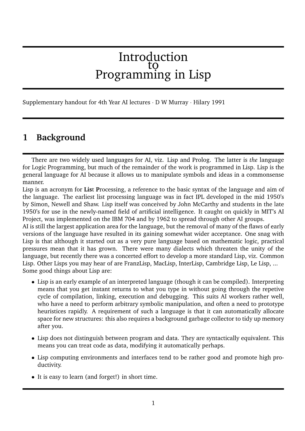 Introduction to Programming in Lisp