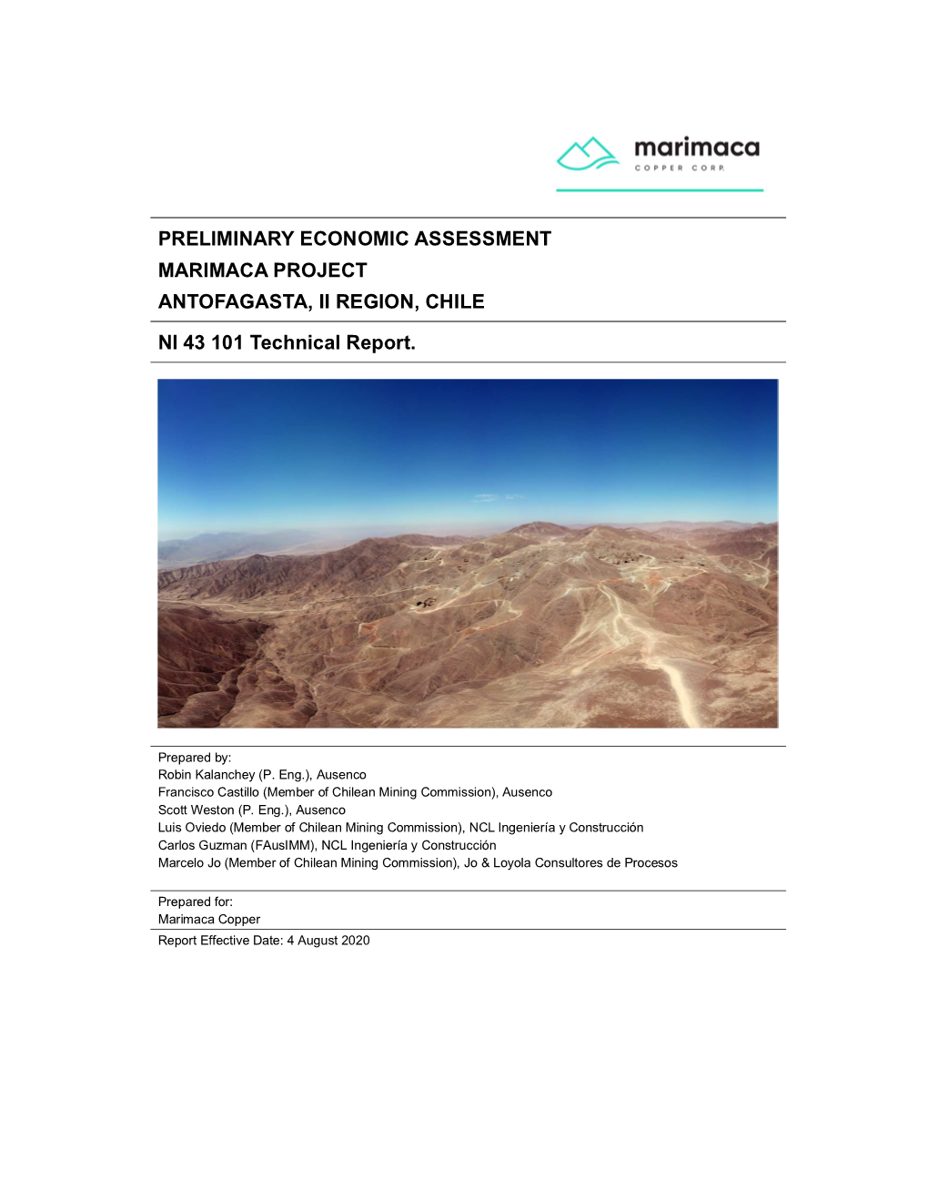 Preliminary Economic Assessment Marimaca Project Antofagasta, Ii Region, Chile