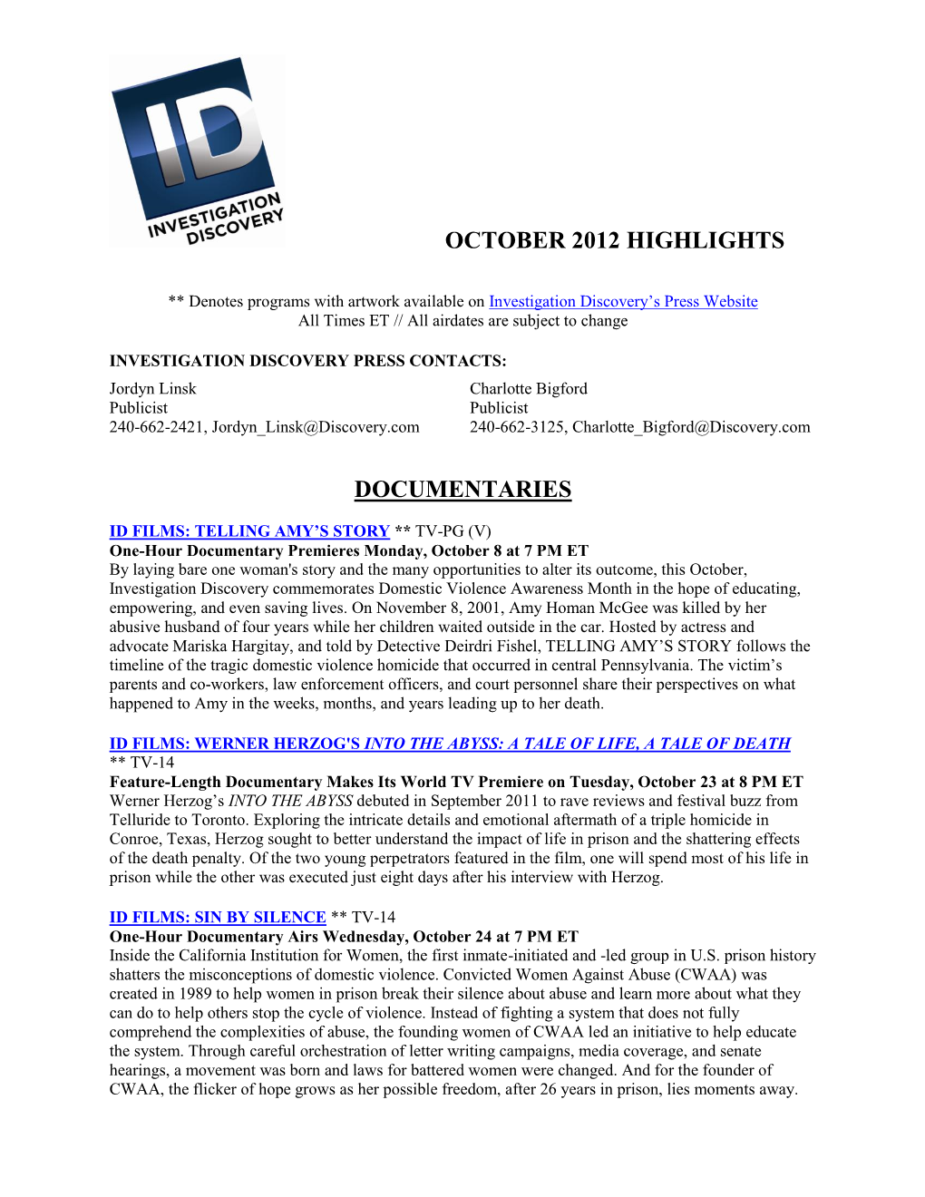 October 2012 Highlights Documentaries