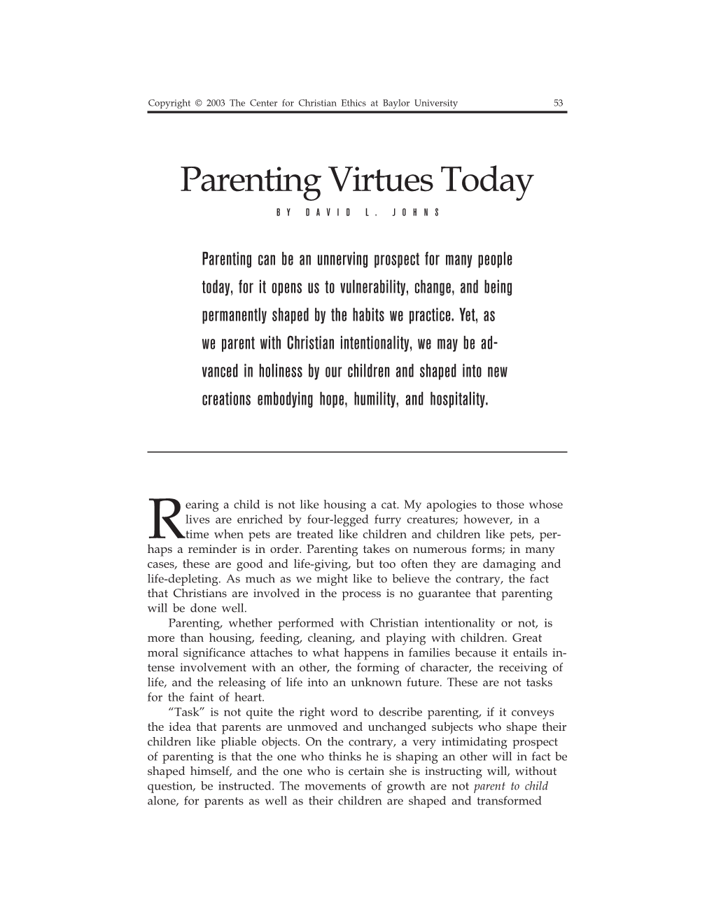 Parenting Virtues Today by DAVID L