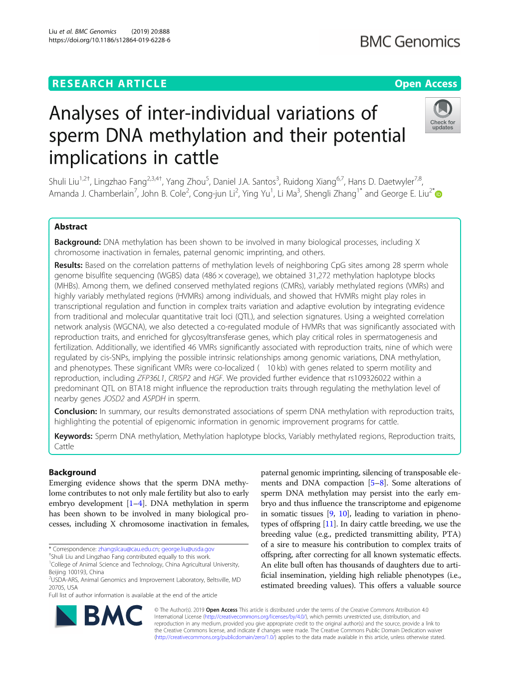 Analyses of Inter-Individual Variations of Sperm DNA Methylation and Their Potential Implications in Cattle Shuli Liu1,2†, Lingzhao Fang2,3,4†, Yang Zhou5, Daniel J.A