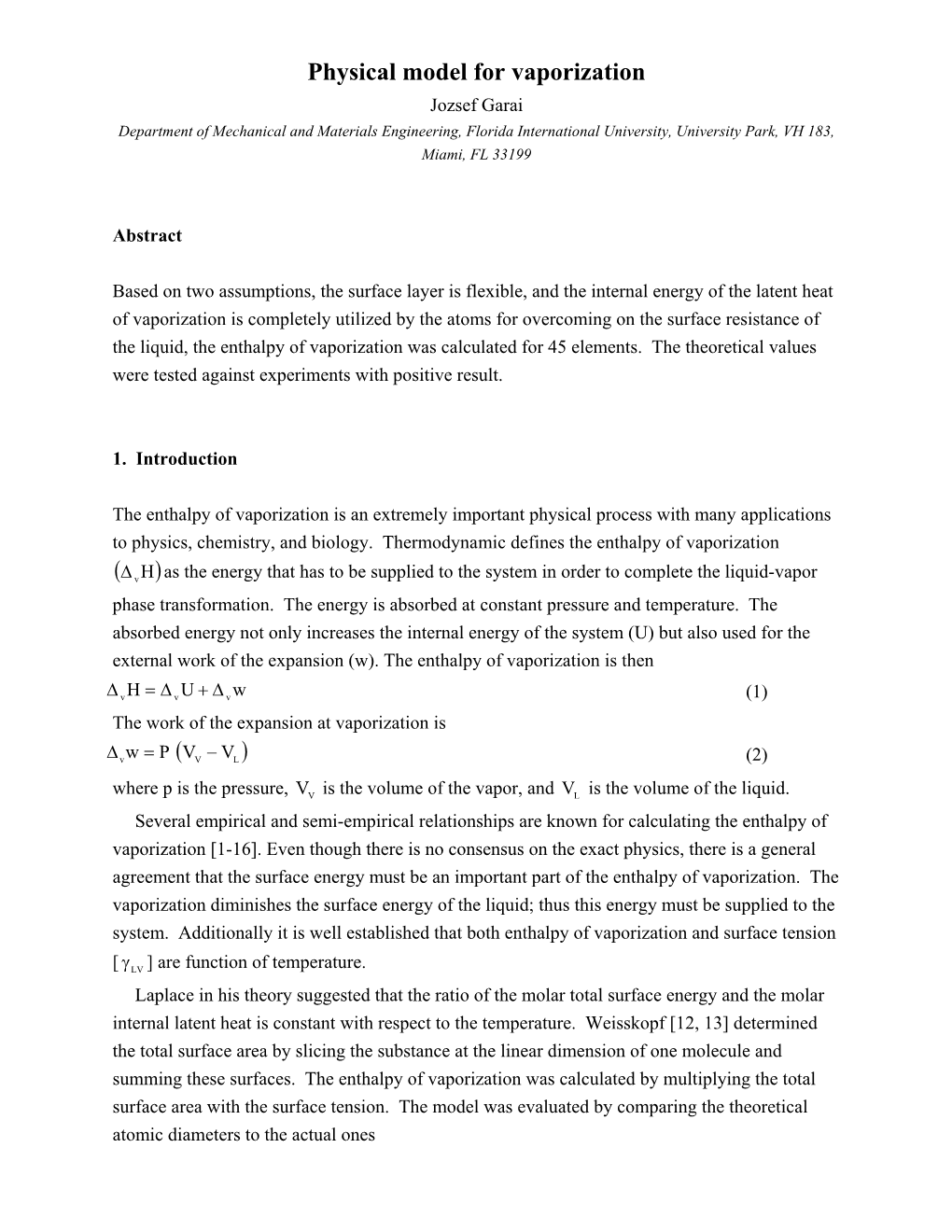 Physical Model for Vaporization