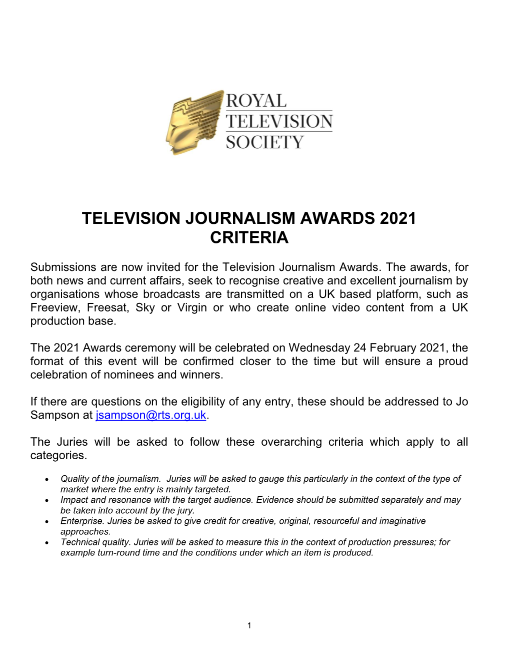 Television Journalism Awards 2021 Criteria