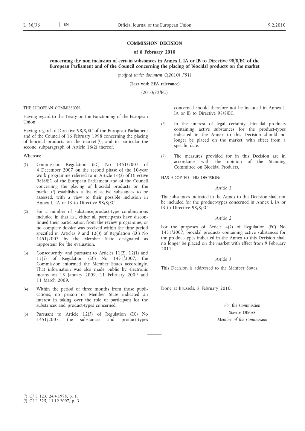 Commission Decision of 8 February 2010 Concerning The