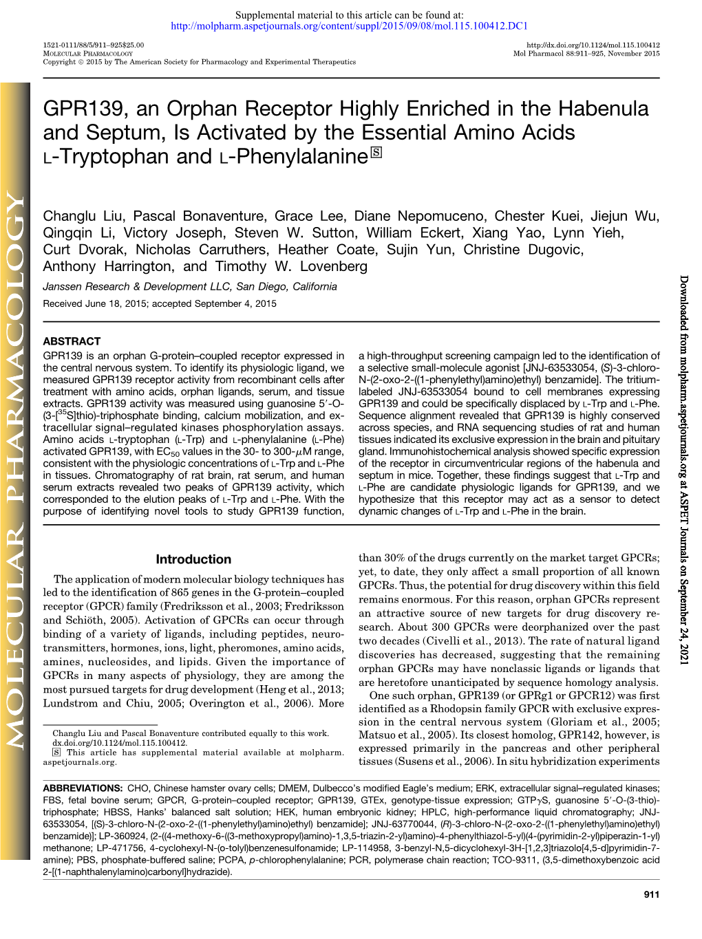 GPR139, an Orphan Receptor Highly Enriched in the Habenula and Septum, Is Activated by the Essential Amino Acids S L-Tryptophan and L-Phenylalanine