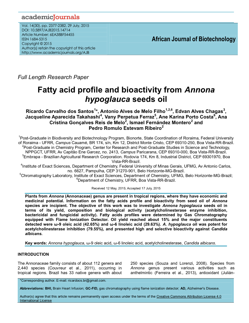 Fatty Acid Profile and Bioactivity from Annona Hypoglauca Seeds Oil