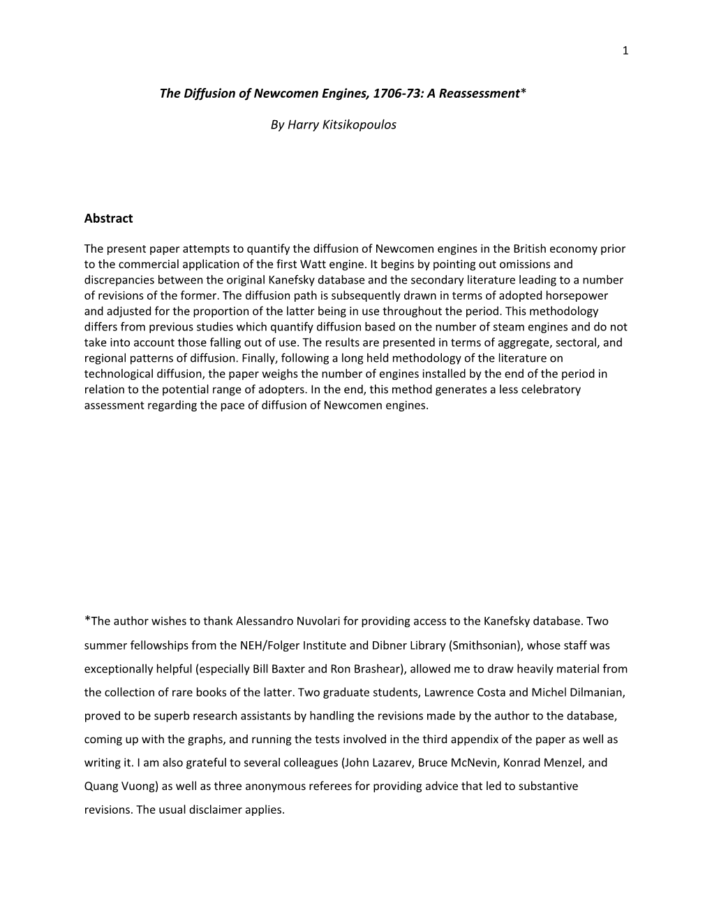 The Diffusion of Newcomen Engines, 1706-73: a Reassessment*